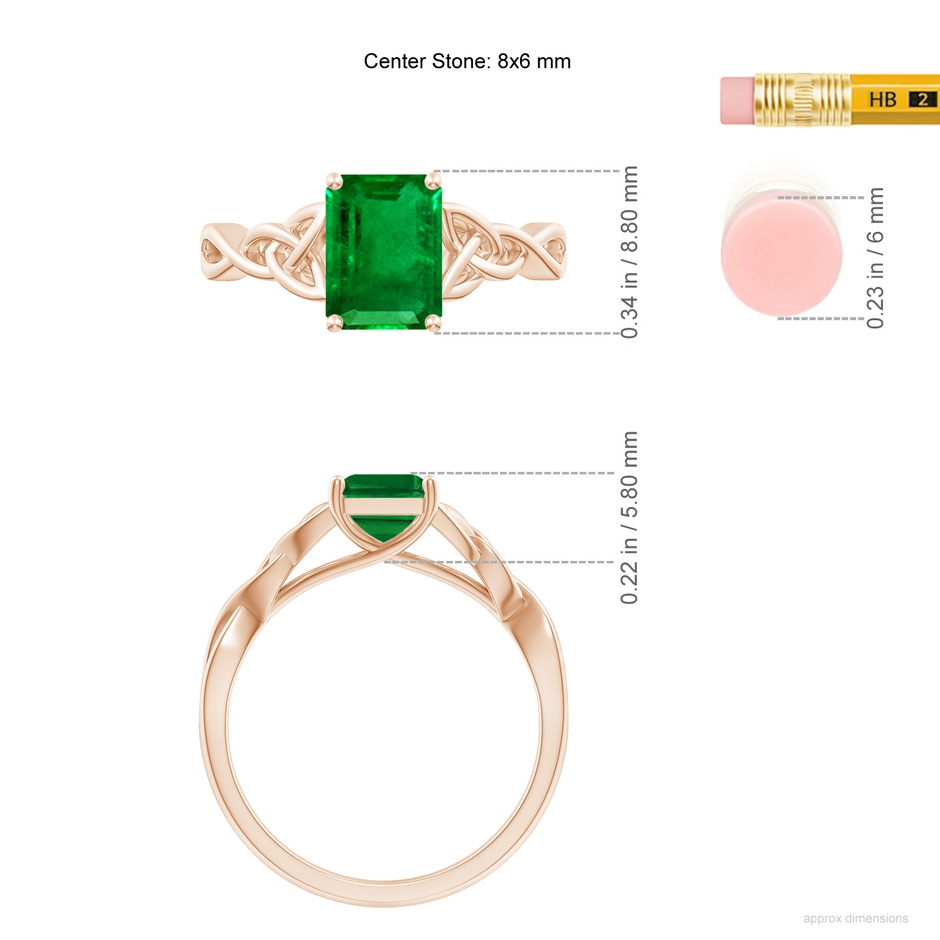 8x6mm AAAA Emerald-Cut Emerald Celtic Knot Engagement Ring in 18K Rose Gold ruler