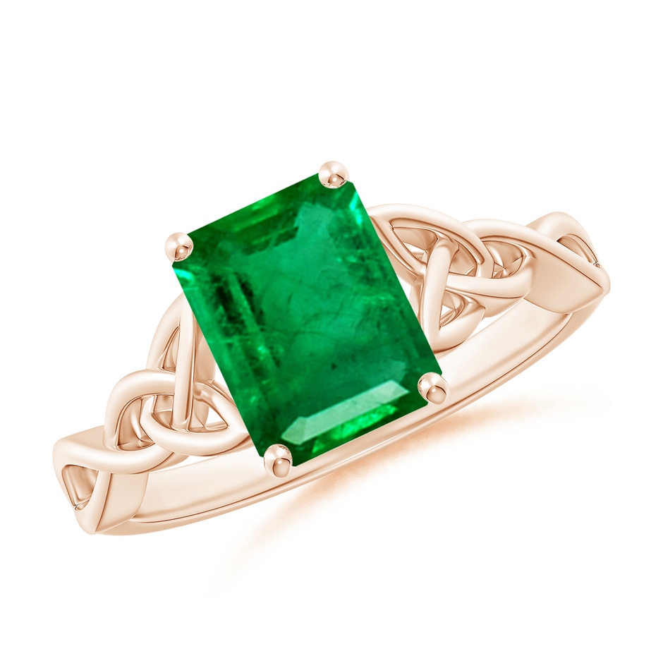 9x7mm AAA Emerald-Cut Emerald Celtic Knot Engagement Ring in Rose Gold 