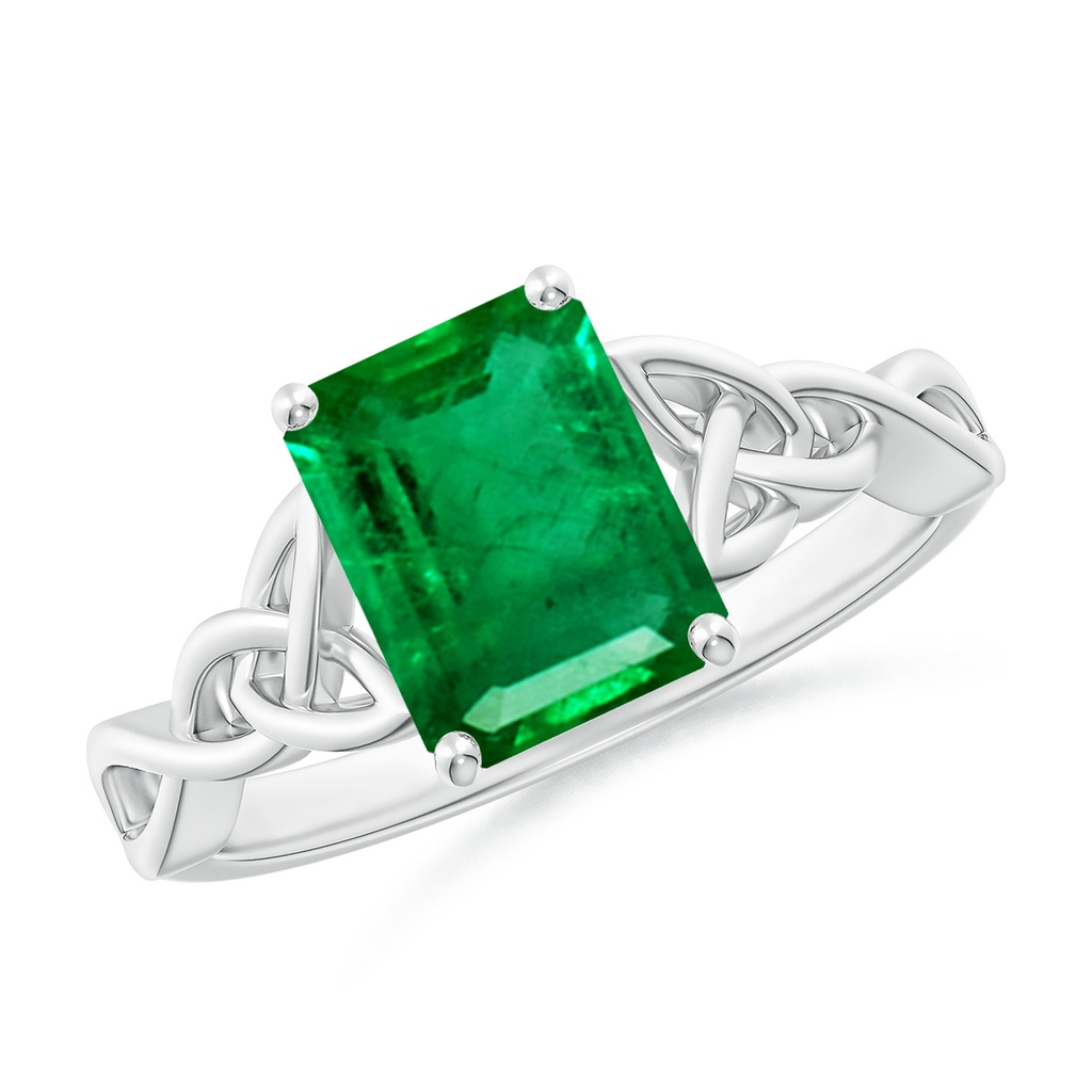 9x7mm AAA Emerald-Cut Emerald Celtic Knot Engagement Ring in White Gold