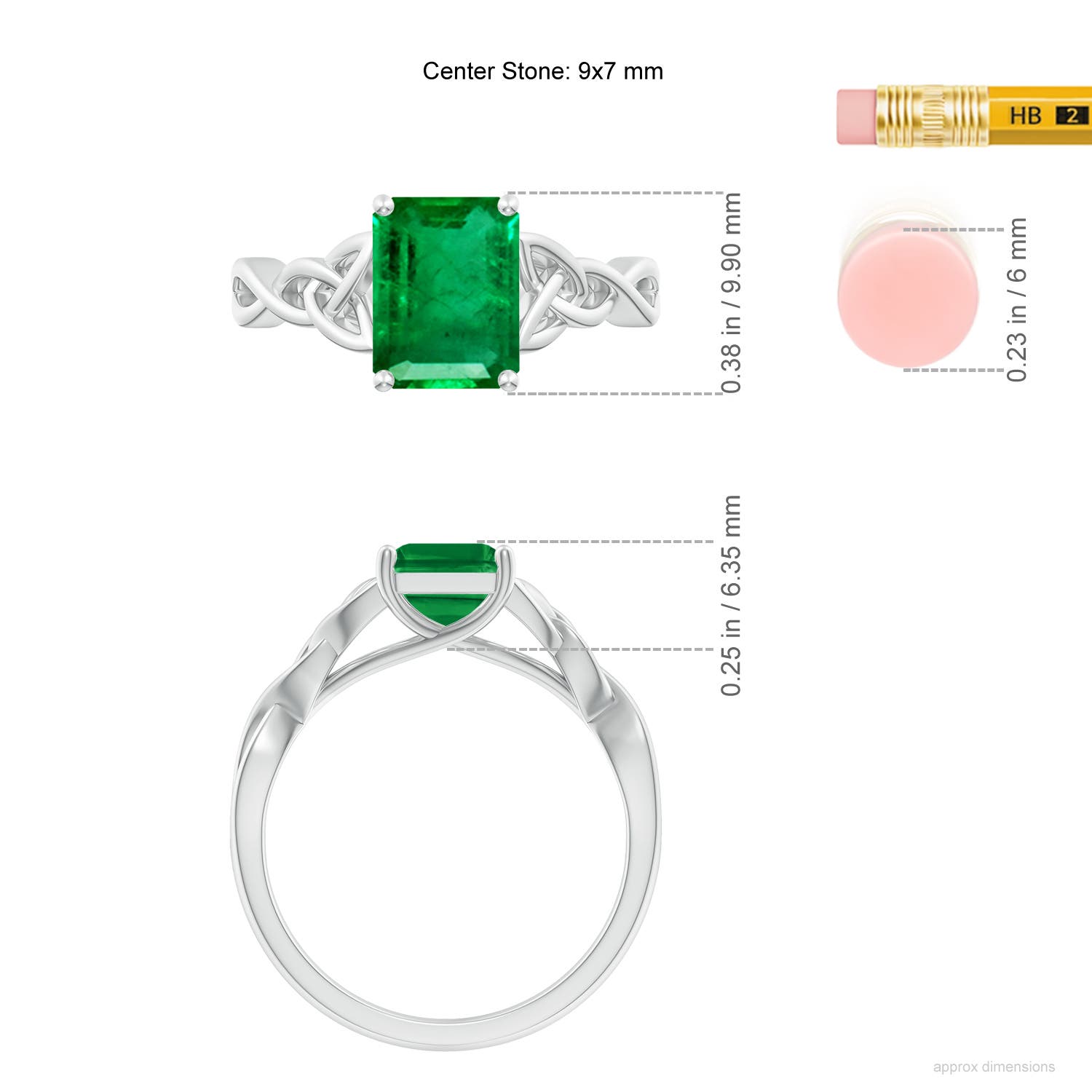 9x7mm AAA Emerald-Cut Emerald Celtic Knot Engagement Ring in White Gold - ruler