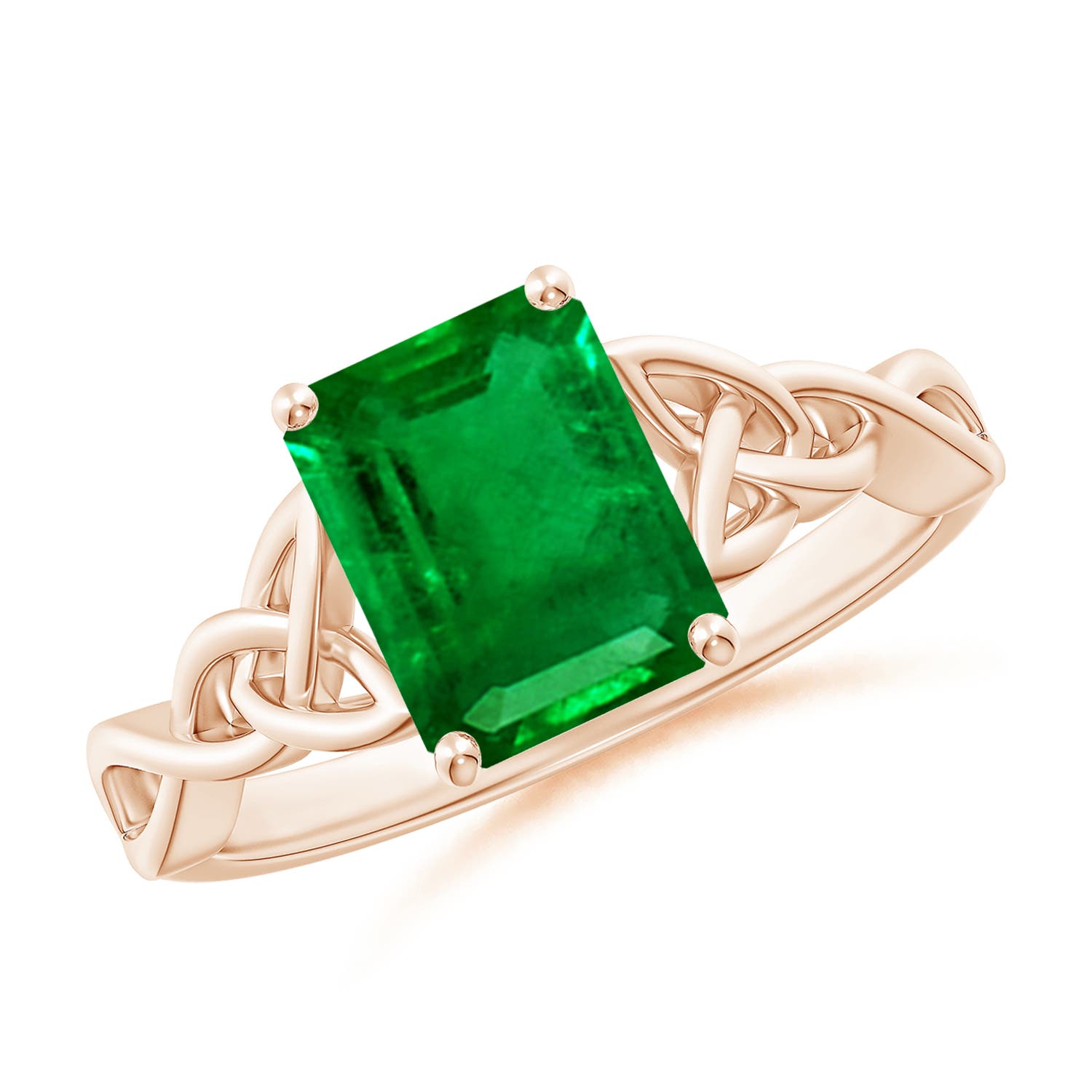 9x7mm AAAA Emerald-Cut Emerald Celtic Knot Engagement Ring in Rose Gold