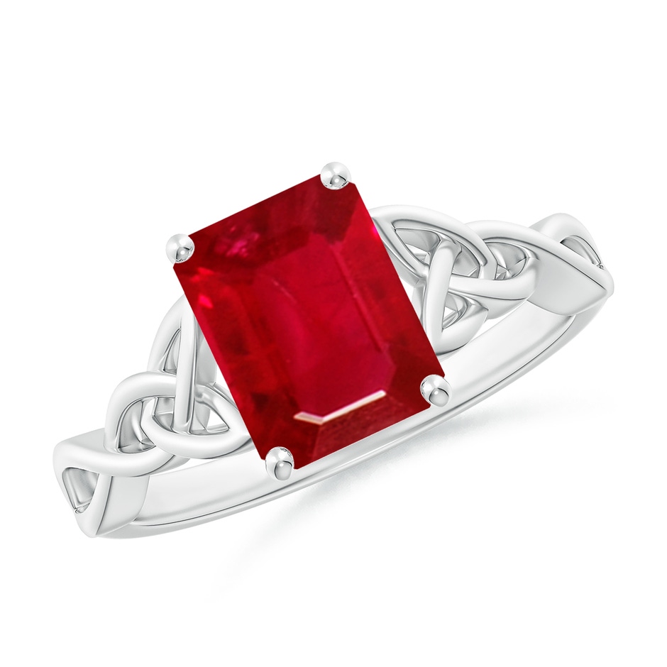 9x7mm AAA Emerald-Cut Ruby Celtic Knot Engagement Ring in White Gold 