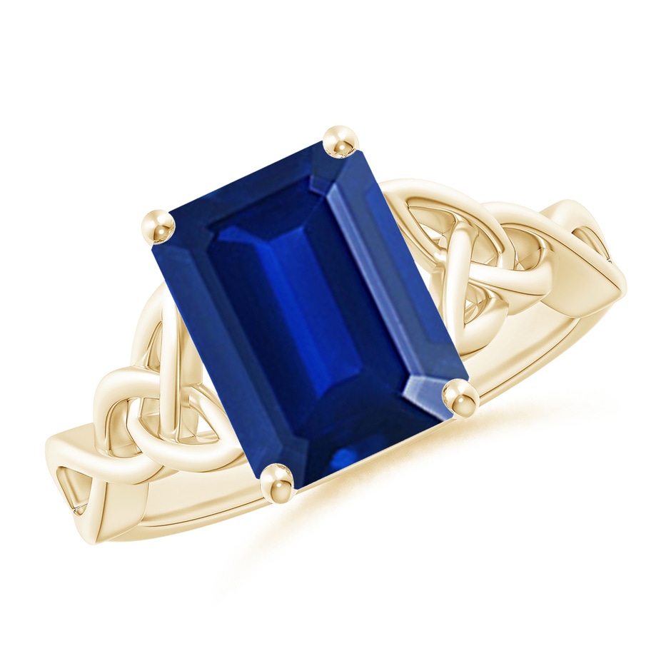 10x8mm Lab-Grown Emerald-Cut Blue Sapphire Celtic Knot Engagement Ring in Yellow Gold 