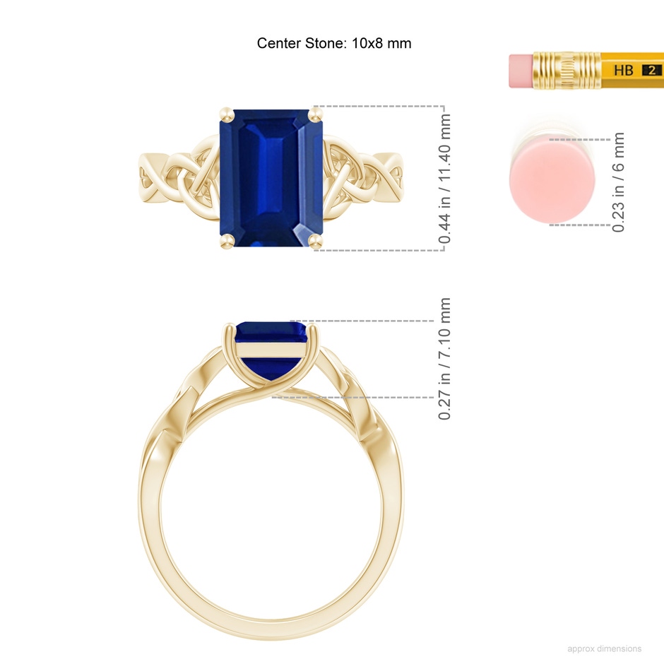 10x8mm Lab-Grown Emerald-Cut Blue Sapphire Celtic Knot Engagement Ring in Yellow Gold ruler
