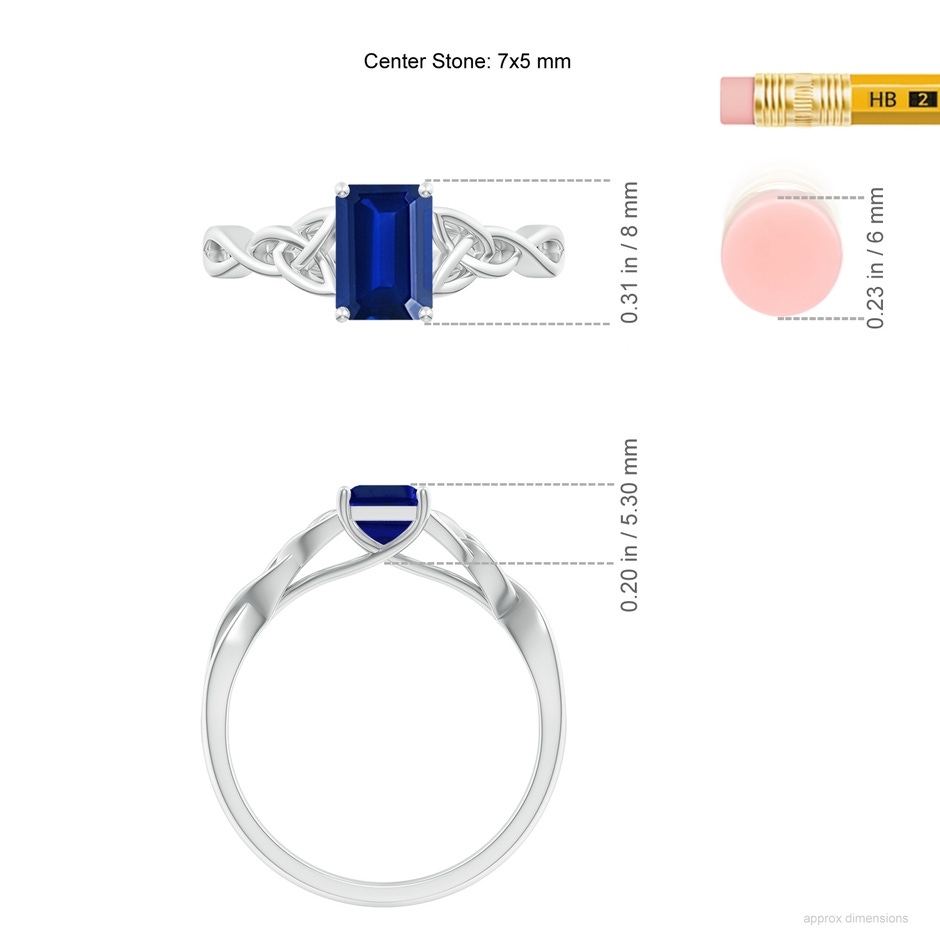 7x5mm Lab-Grown Emerald-Cut Blue Sapphire Celtic Knot Engagement Ring in P950 Platinum ruler