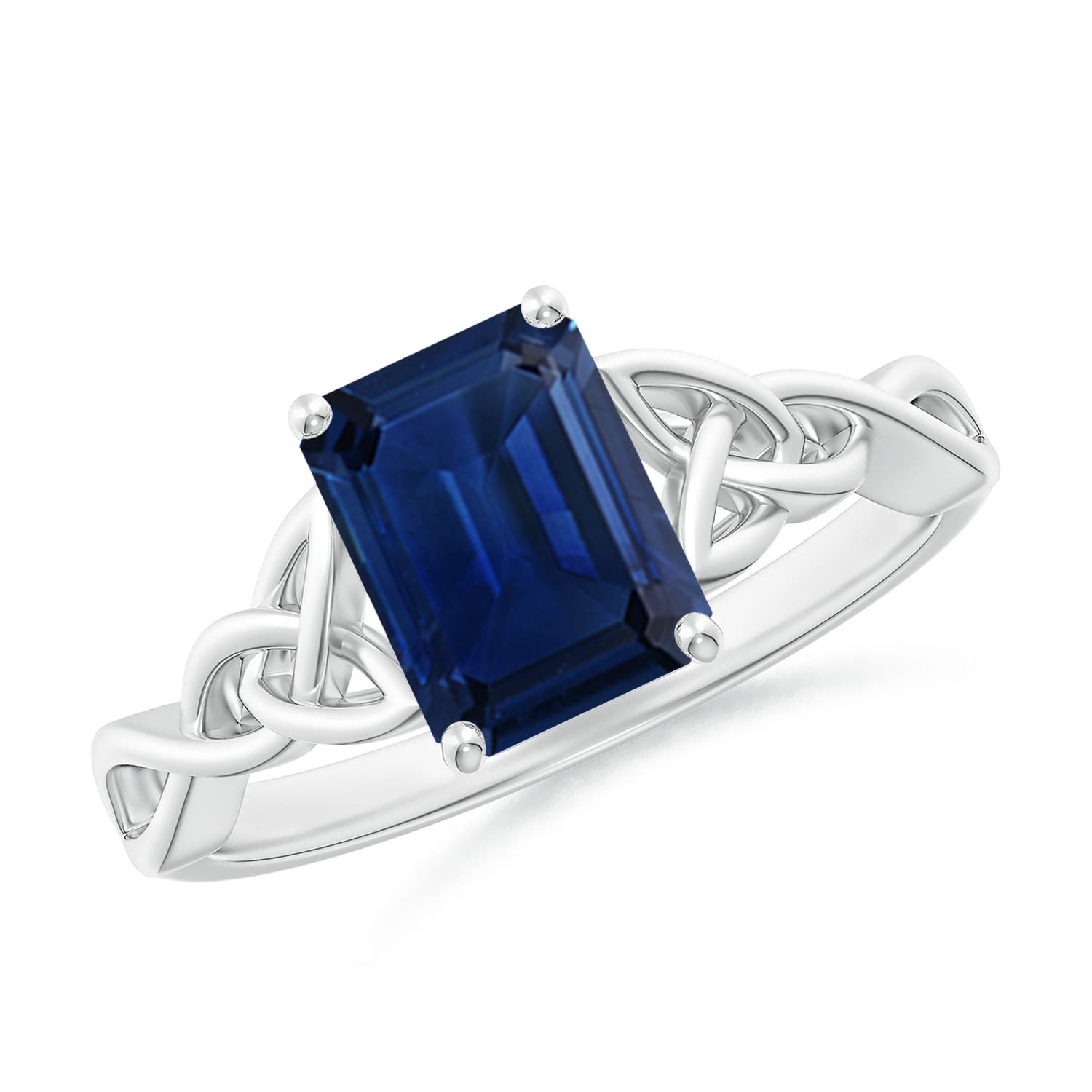8x6mm AAA Emerald-Cut Blue Sapphire Celtic Knot Engagement Ring in 18K White Gold