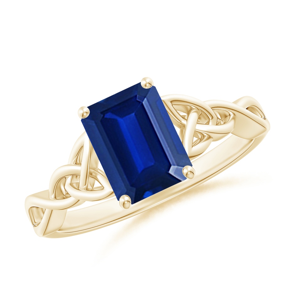8x6mm Lab-Grown Emerald-Cut Blue Sapphire Celtic Knot Engagement Ring in Yellow Gold 