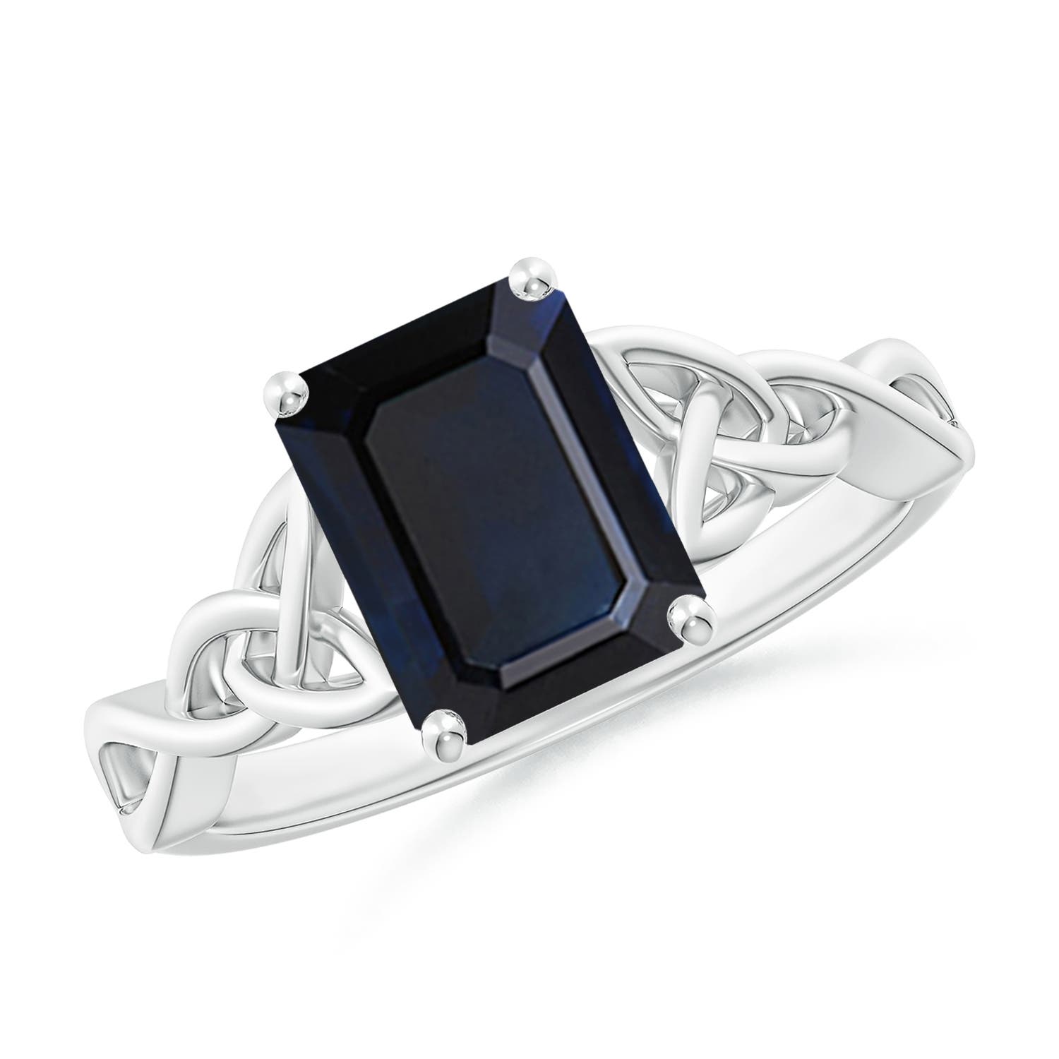 9x7mm A Emerald-Cut Blue Sapphire Celtic Knot Engagement Ring in P950 Platinum