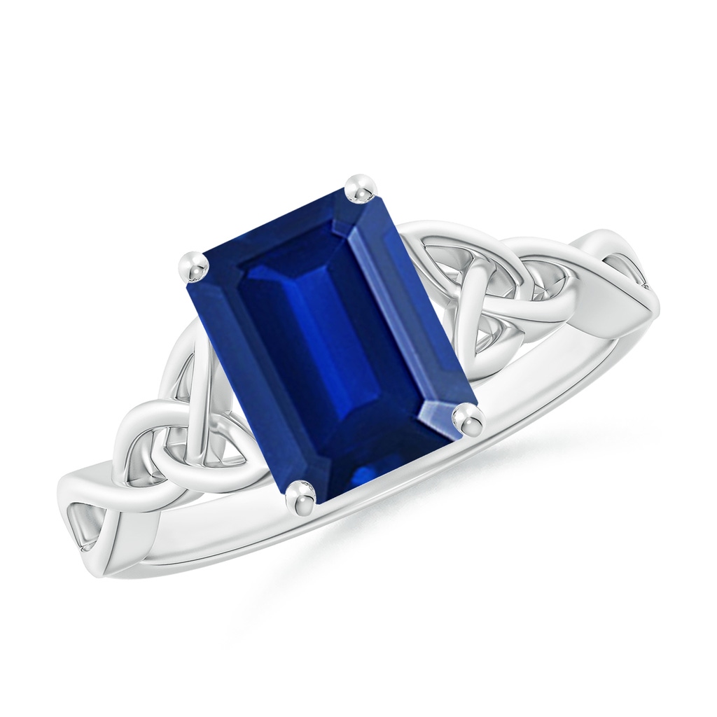9x7mm Lab-Grown Emerald-Cut Blue Sapphire Celtic Knot Engagement Ring in 18K White Gold