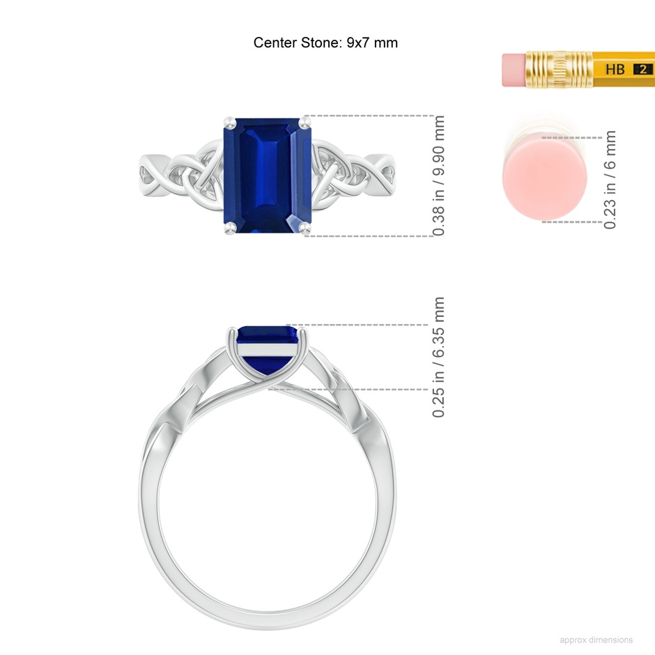 9x7mm Lab-Grown Emerald-Cut Blue Sapphire Celtic Knot Engagement Ring in 18K White Gold ruler