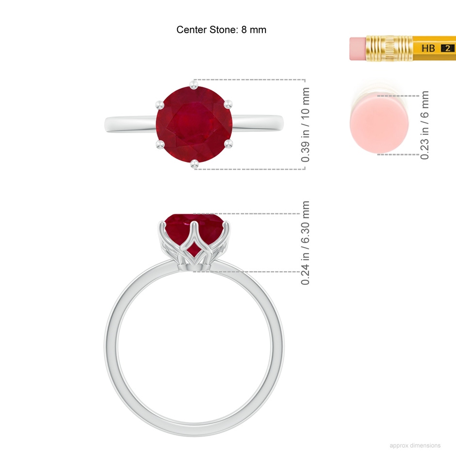 8mm AA Round Ruby Solitaire Classic Engagement Ring in White Gold ruler