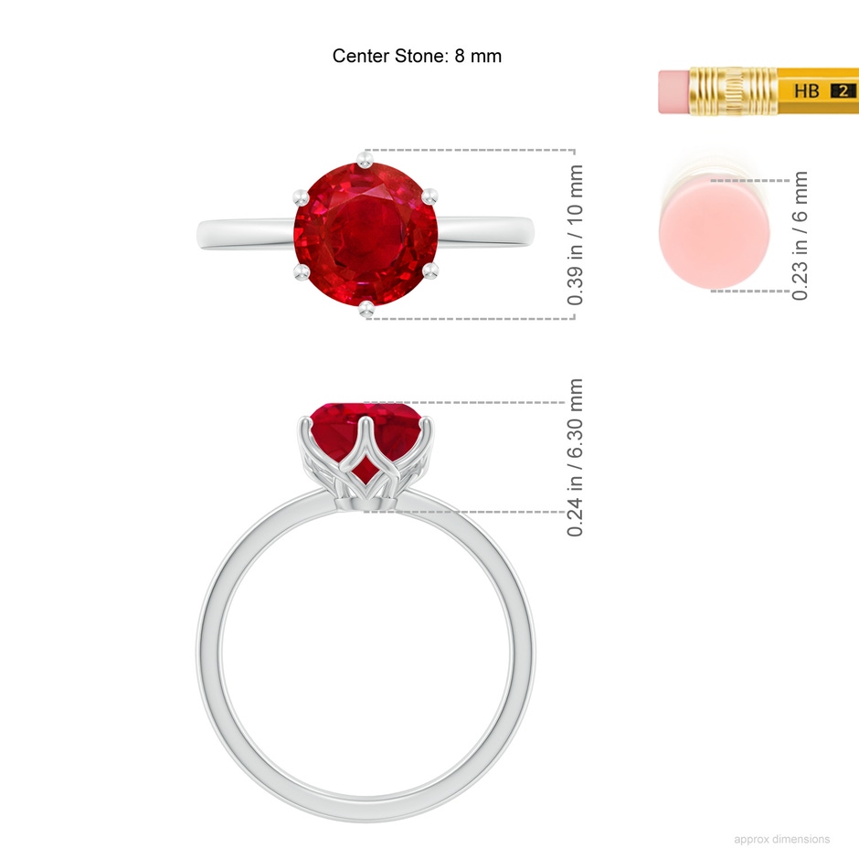 8mm AAA Round Ruby Solitaire Classic Engagement Ring in 18K White Gold ruler