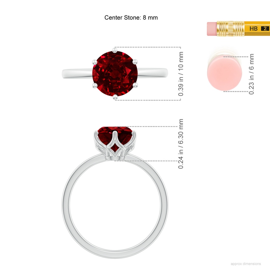 8mm AAAA Round Ruby Solitaire Classic Engagement Ring in 18K White Gold ruler