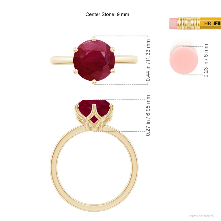9mm A Round Ruby Solitaire Classic Engagement Ring in Yellow Gold ruler