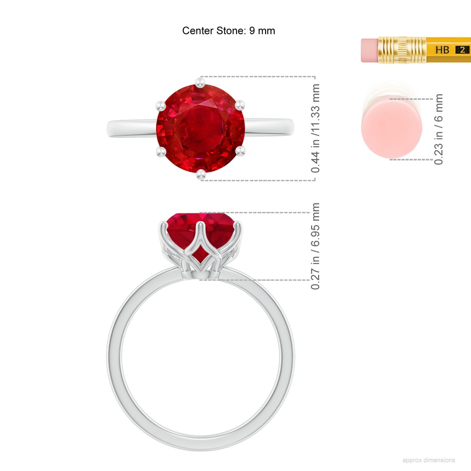 9mm AAA Round Ruby Solitaire Classic Engagement Ring in 18K White Gold ruler