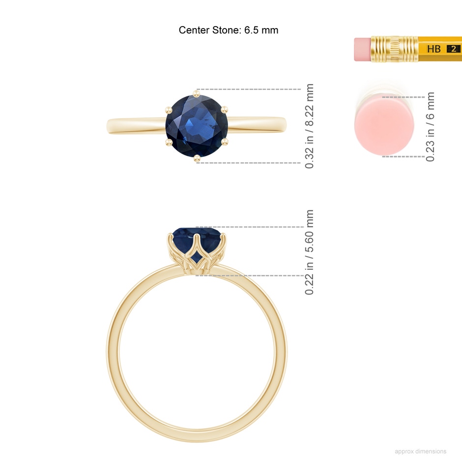 6.5mm AA Round Blue Sapphire Solitaire Classic Engagement Ring in Yellow Gold ruler
