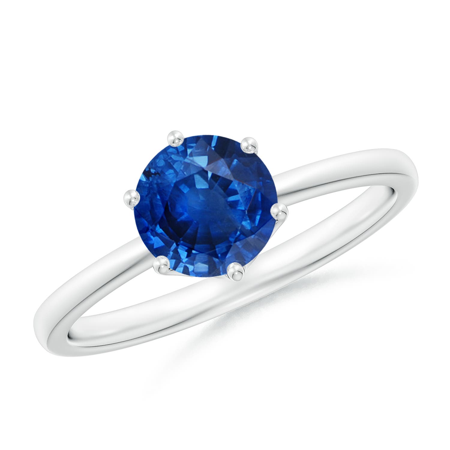 6.5mm AAA Round Blue Sapphire Solitaire Classic Engagement Ring in 18K White Gold