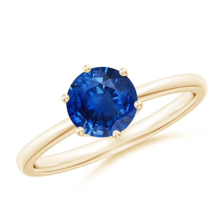 6.5mm AAA Round Blue Sapphire Solitaire Classic Engagement Ring in Yellow Gold 