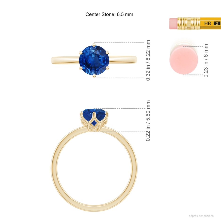 6.5mm AAA Round Blue Sapphire Solitaire Classic Engagement Ring in Yellow Gold ruler