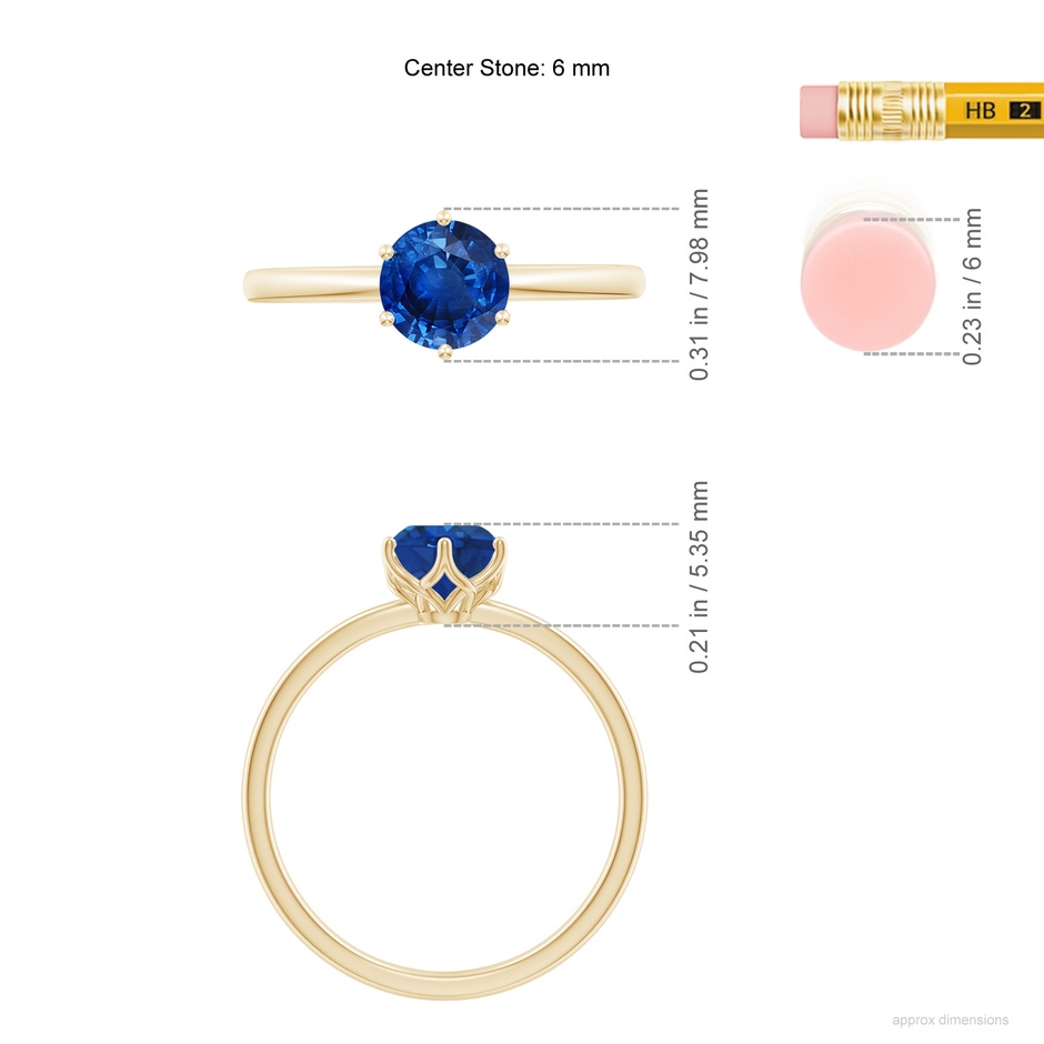 6mm AAA Round Blue Sapphire Solitaire Classic Engagement Ring in Yellow Gold ruler