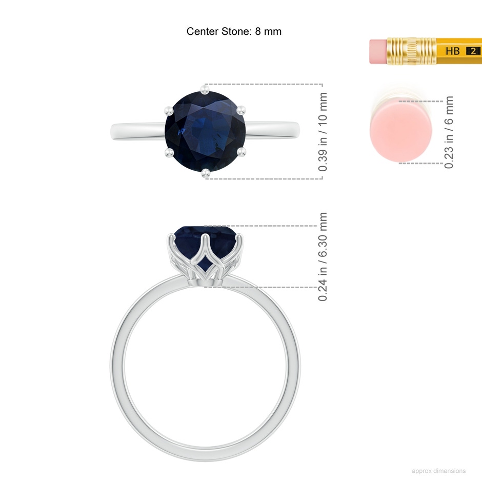 8mm A Round Blue Sapphire Solitaire Classic Engagement Ring in 18K White Gold ruler
