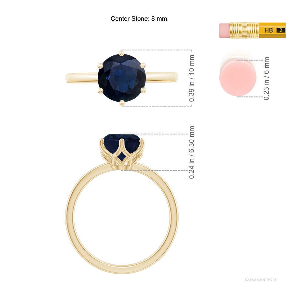 8mm A Round Blue Sapphire Solitaire Classic Engagement Ring in 18K Yellow Gold ruler