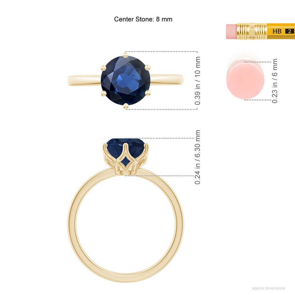 8mm AA Round Blue Sapphire Solitaire Classic Engagement Ring in Yellow Gold ruler