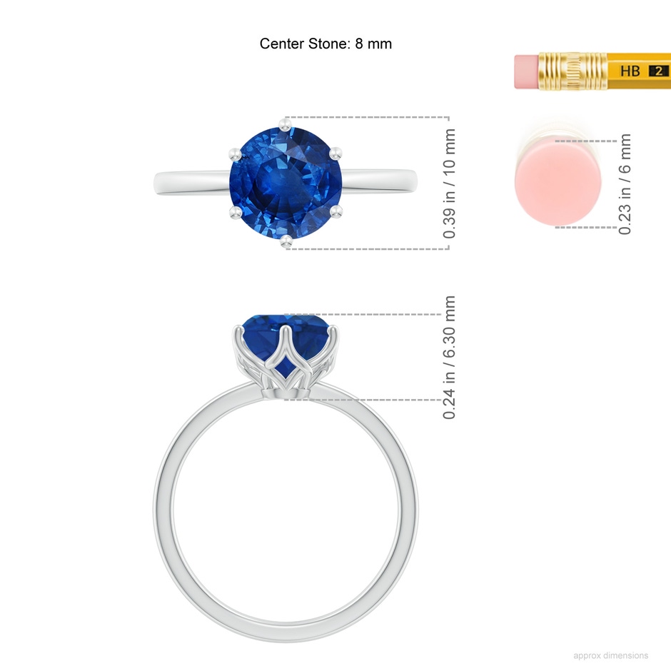 8mm AAA Round Blue Sapphire Solitaire Classic Engagement Ring in P950 Platinum ruler