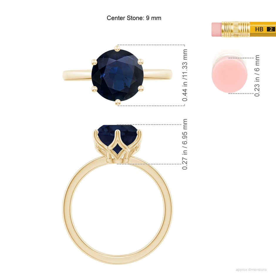 9mm A Round Blue Sapphire Solitaire Classic Engagement Ring in 18K Yellow Gold ruler