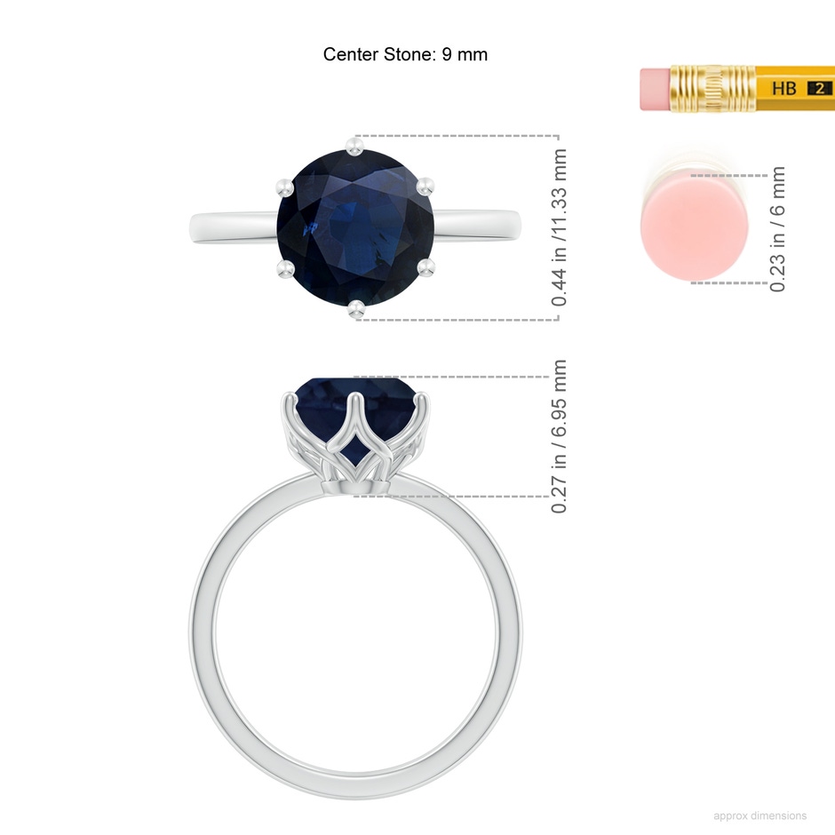 9mm A Round Blue Sapphire Solitaire Classic Engagement Ring in White Gold ruler