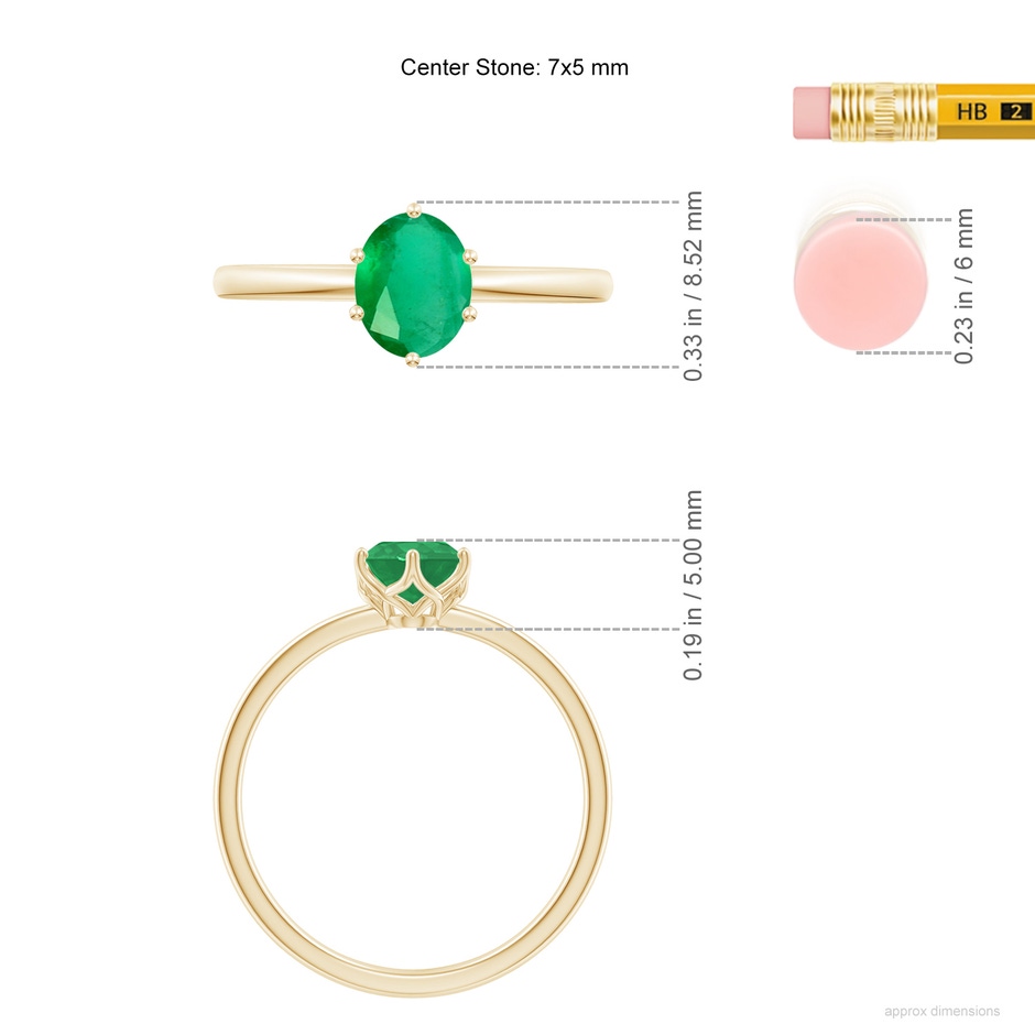 7x5mm A Oval Emerald Solitaire Classic Engagement Ring in Yellow Gold ruler