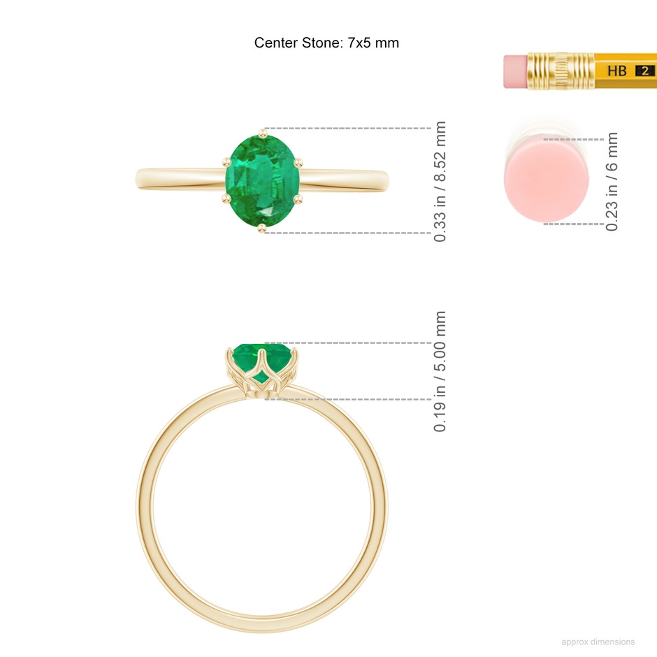 7x5mm AA Oval Emerald Solitaire Classic Engagement Ring in Yellow Gold ruler