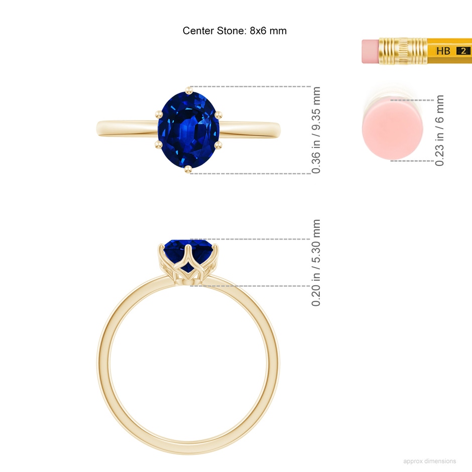 8x6mm Lab-Grown Oval Blue Sapphire Solitaire Classic Engagement Ring in Yellow Gold ruler