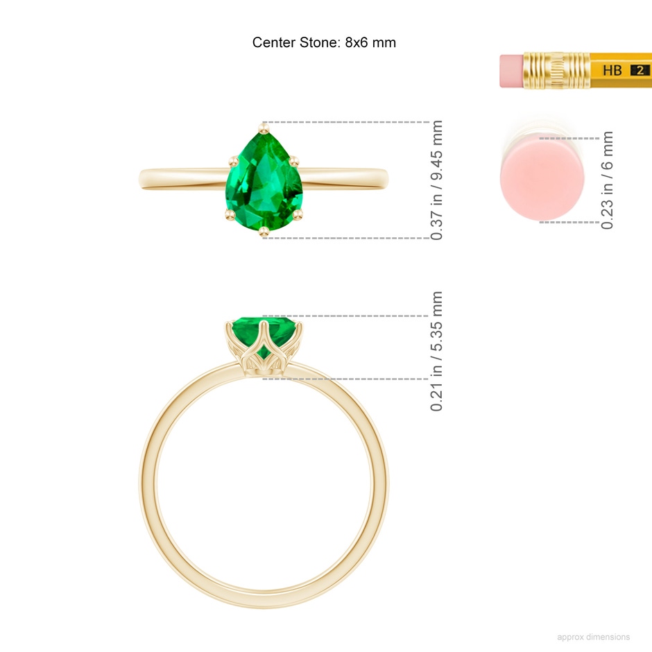 8x6mm AAA Pear-Shaped Emerald Solitaire Classic Engagement Ring in Yellow Gold ruler