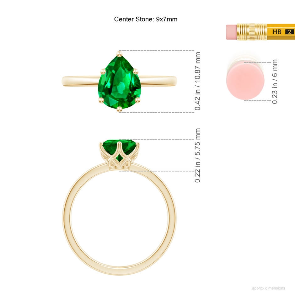 9x7mm AAAA Pear-Shaped Emerald Solitaire Classic Engagement Ring in Yellow Gold ruler