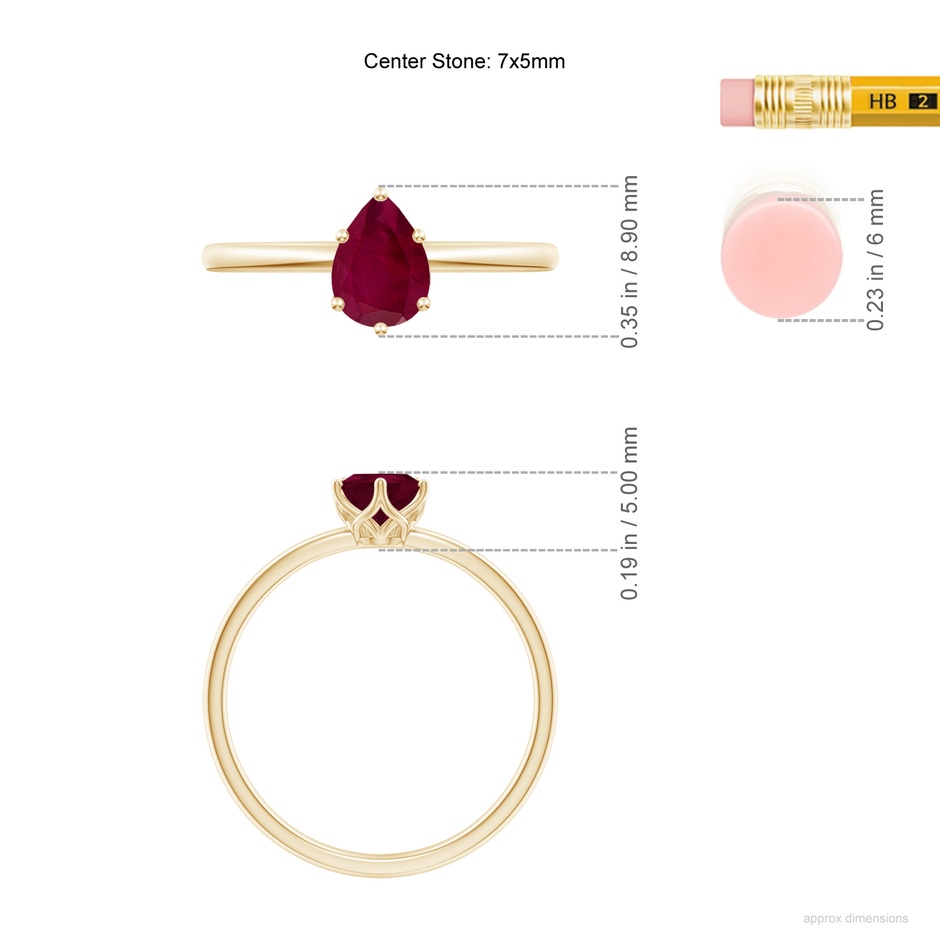 7x5mm A Pear-Shaped Ruby Solitaire Classic Engagement Ring in Yellow Gold ruler
