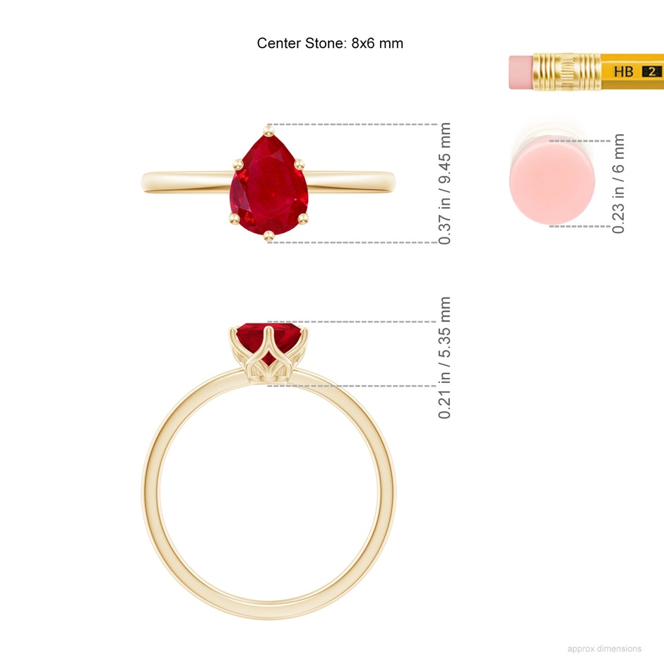 8x6mm AAA Pear-Shaped Ruby Solitaire Classic Engagement Ring in Yellow Gold ruler