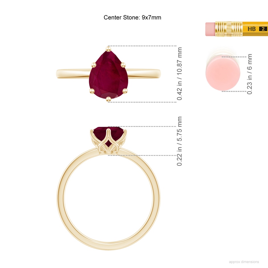 9x7mm A Pear-Shaped Ruby Solitaire Classic Engagement Ring in Yellow Gold ruler