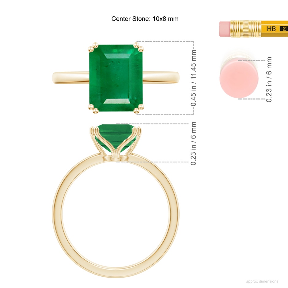 10x8mm AA Emerald-Cut Emerald Solitaire Classic Engagement Ring in Yellow Gold ruler