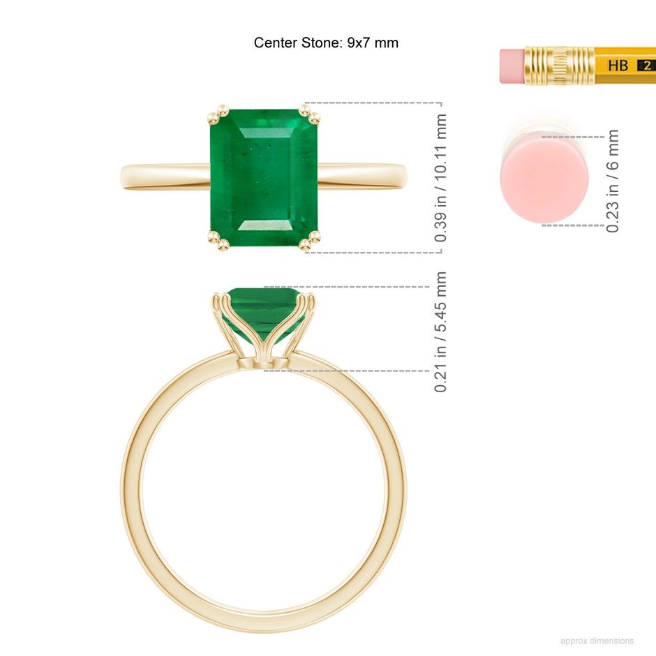 9x7mm AA Emerald-Cut Emerald Solitaire Classic Engagement Ring in Yellow Gold ruler