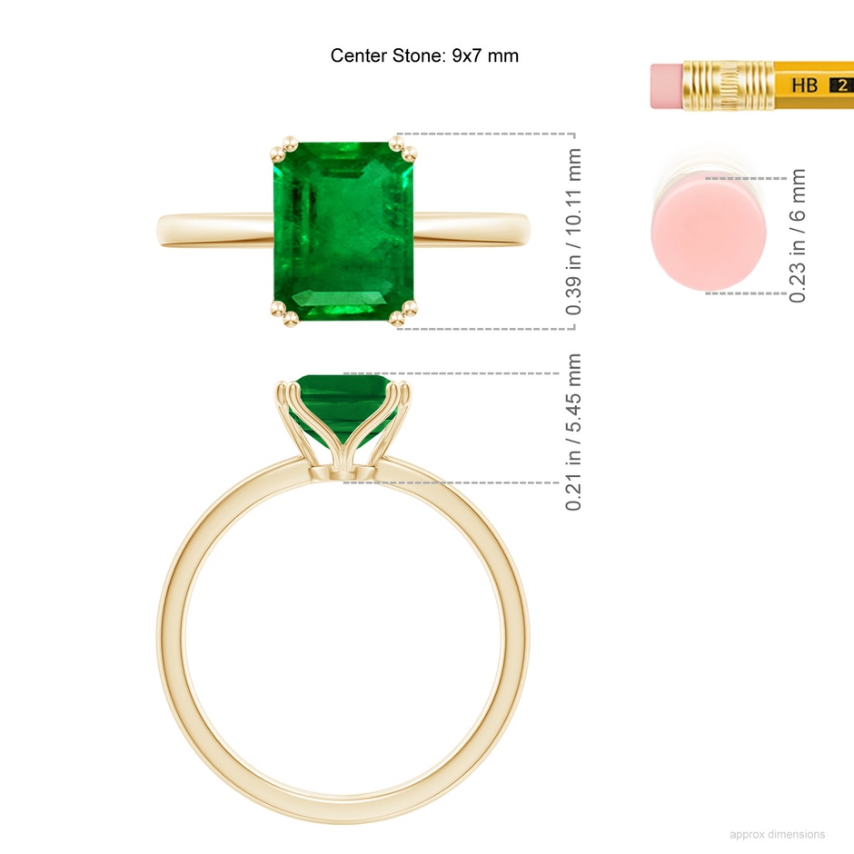 9x7mm AAAA Emerald-Cut Emerald Solitaire Classic Engagement Ring in Yellow Gold ruler
