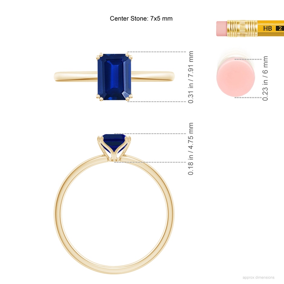 7x5mm Lab-Grown Emerald-Cut Blue Sapphire Solitaire Classic Engagement Ring in 10K Yellow Gold ruler