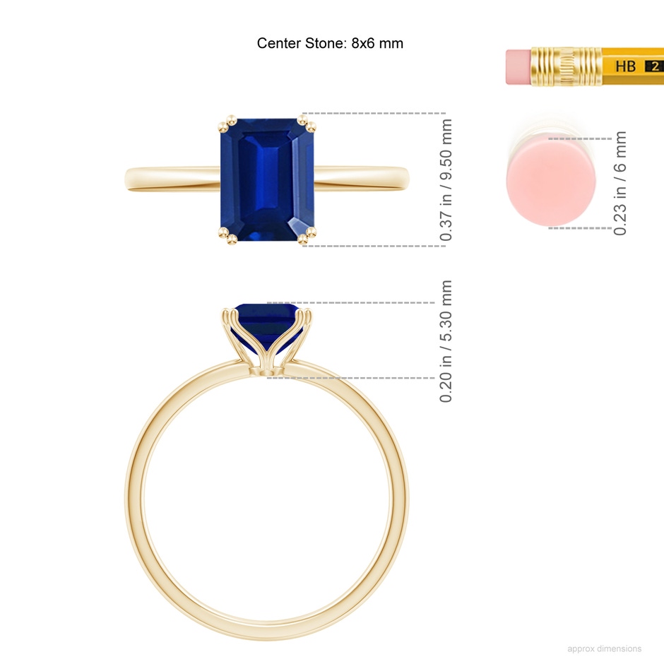 8x6mm Lab-Grown Emerald-Cut Blue Sapphire Solitaire Classic Engagement Ring in Yellow Gold ruler