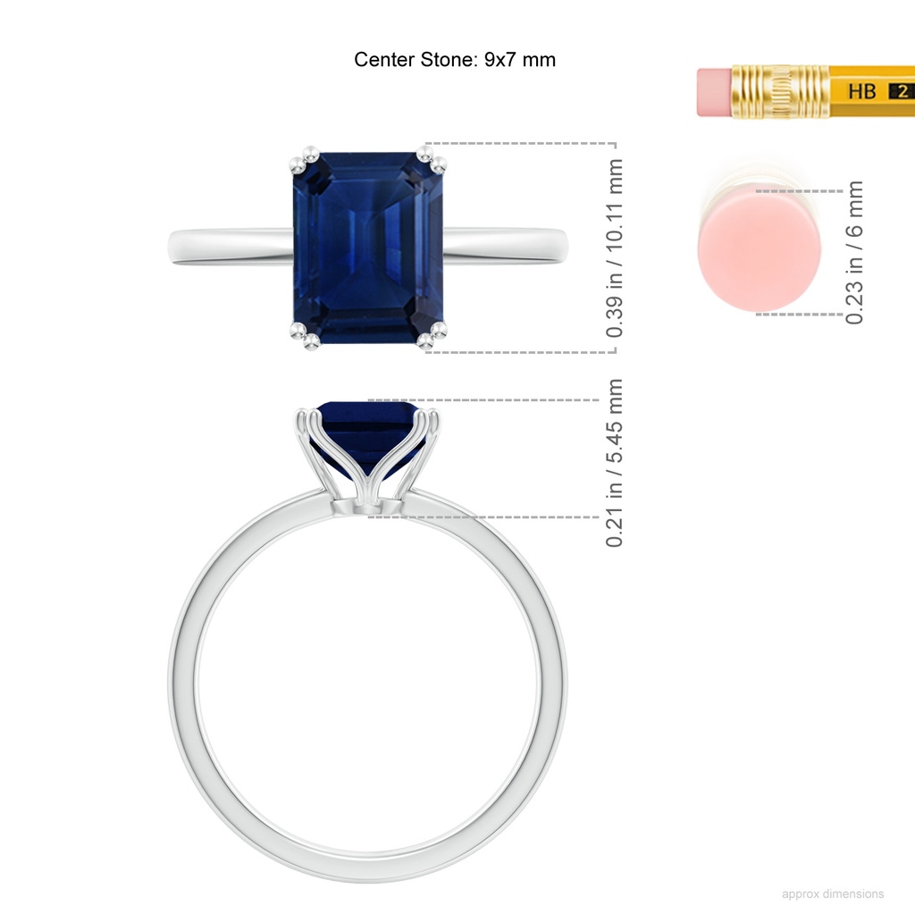 9x7mm AAA Emerald-Cut Blue Sapphire Solitaire Classic Engagement Ring in White Gold ruler