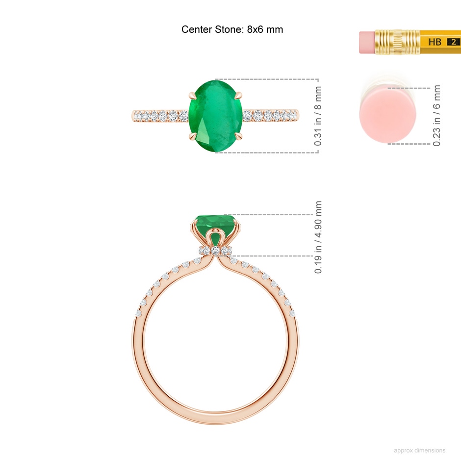 8x6mm A Oval Emerald Hidden Halo Engagement Ring in Rose Gold ruler