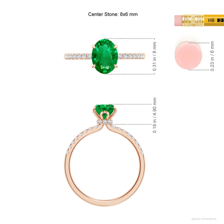 8x6mm AAA Oval Emerald Hidden Halo Engagement Ring in Rose Gold ruler
