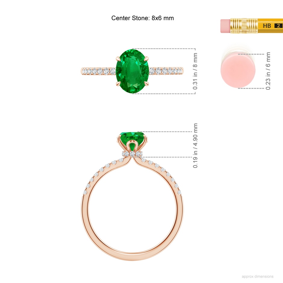 8x6mm AAAA Oval Emerald Hidden Halo Engagement Ring in Rose Gold ruler
