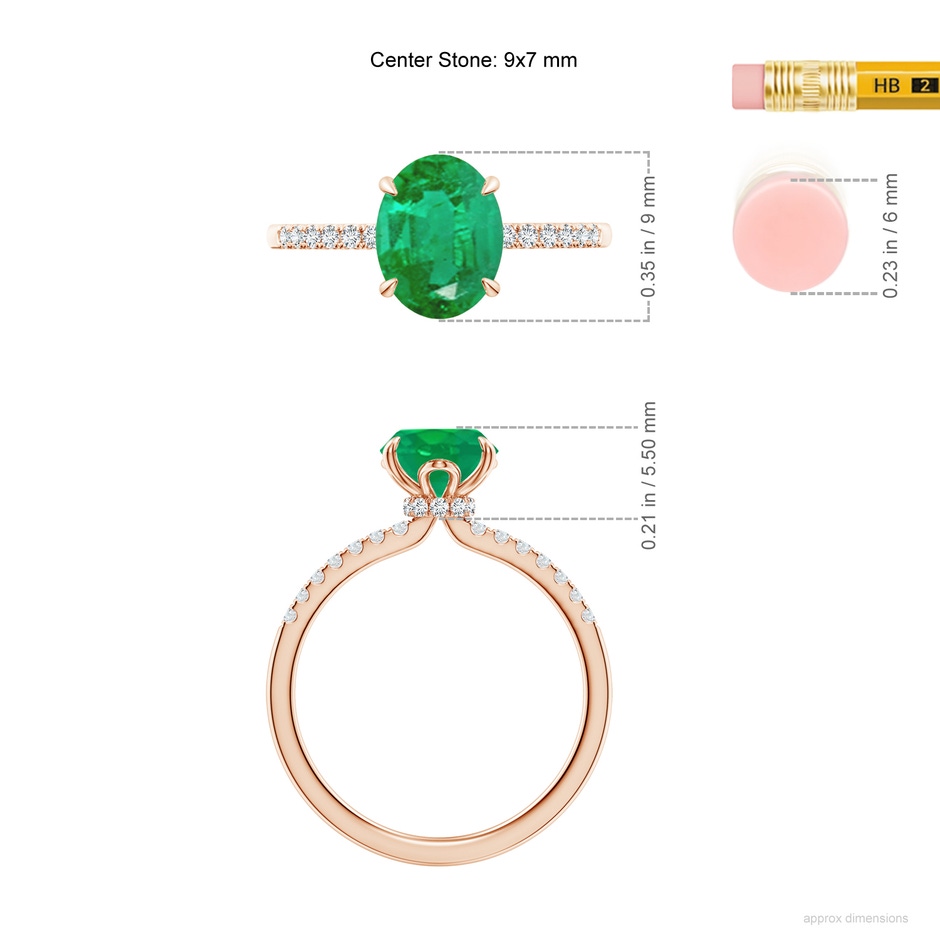 9x7mm AA Oval Emerald Hidden Halo Engagement Ring in Rose Gold ruler