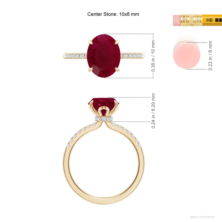 10x8mm A Oval Ruby Hidden Halo Engagement Ring in Yellow Gold ruler