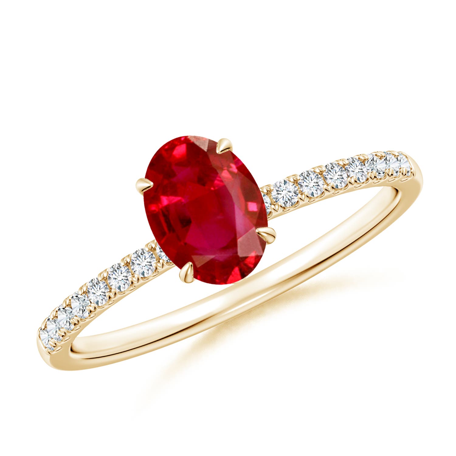 7x5mm AAA Oval Ruby Hidden Halo Engagement Ring in 18K Yellow Gold